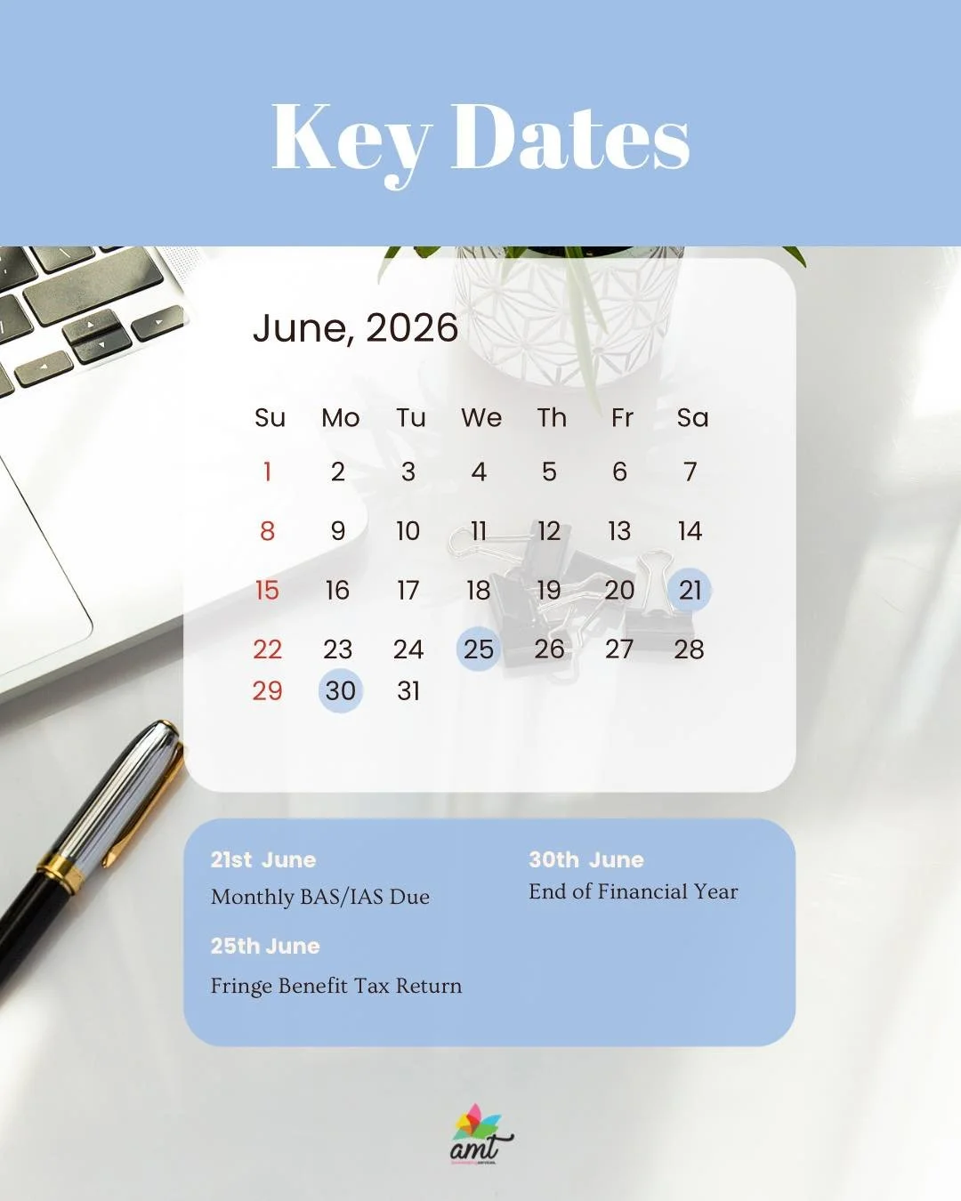 June key dates are here 👀
And just like that&hellip; we&rsquo;re in the LAST month before EOFY.

Consider this your friendly reminder to:
✔️ Stay on top of lodgements
✔️ Check payroll + super
✔️ Get your bookkeeping up to date
✔️ Start preparing now