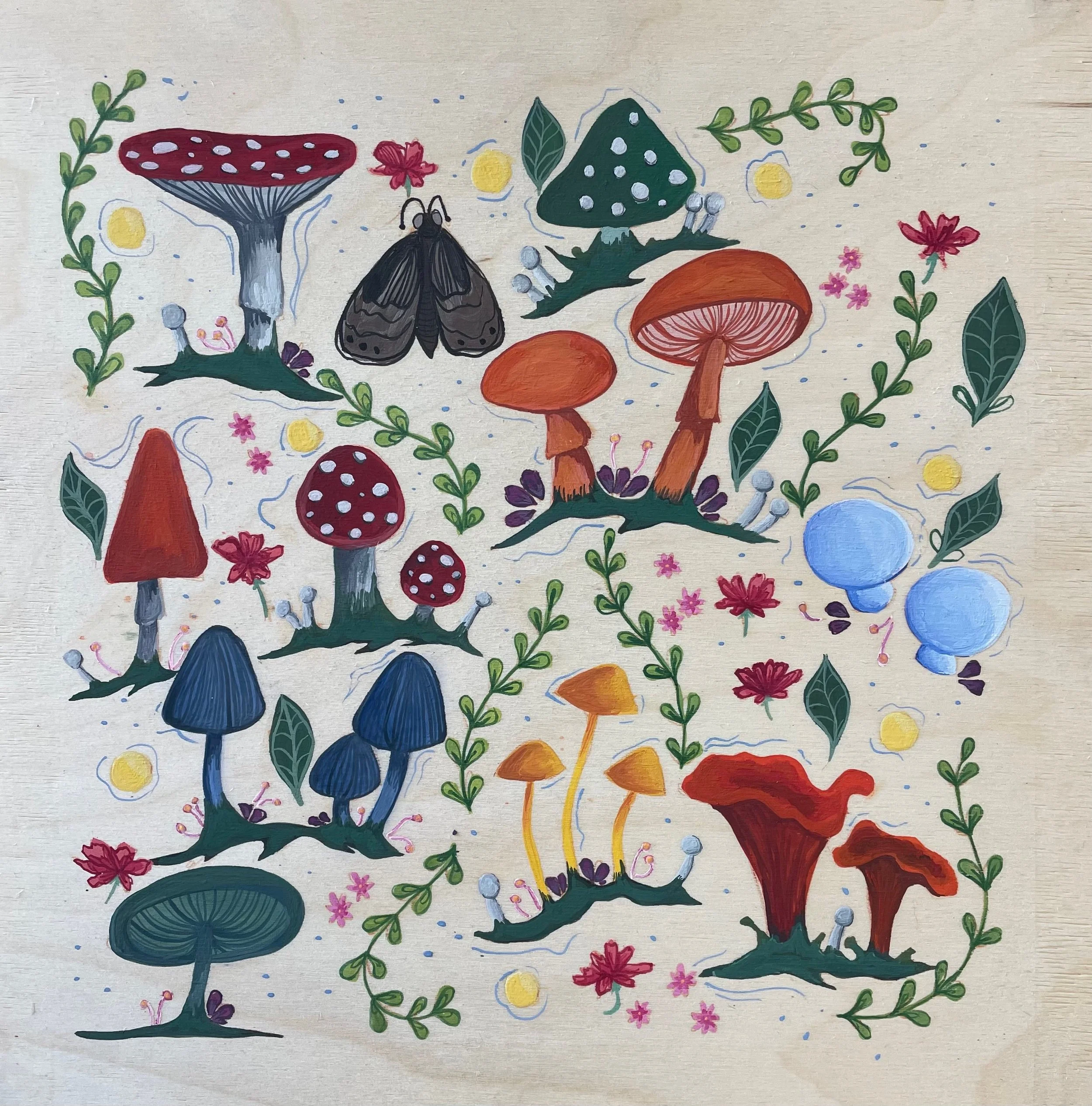 'Mushroom Patch' - 12x12" Tempera on wood