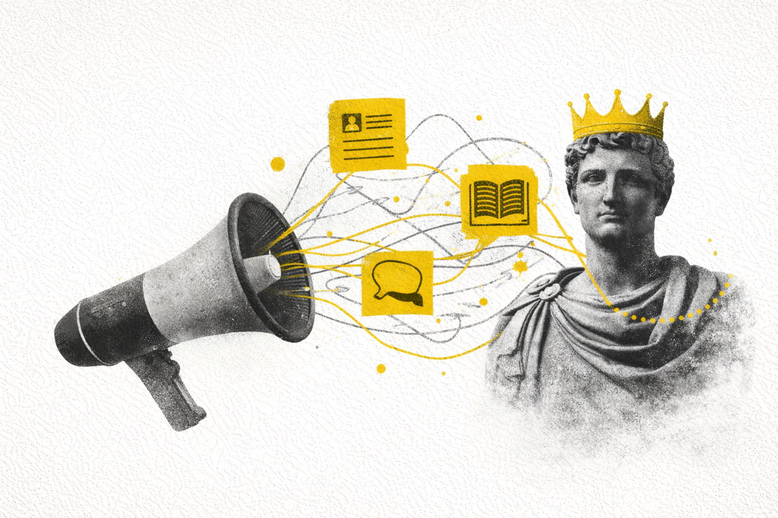 Ilustração de um busto de um rei com coroa, uma caixa de som, e ícones de perfil de usuário, livro aberto e conversa, conectados por linhas, representando comunicação ou discussão.