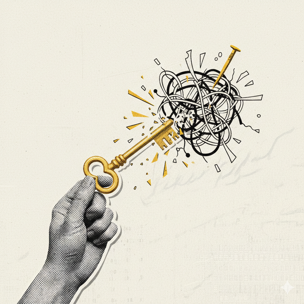 Mão segurando uma chave dourada que parece uma chave de ferro, com um nó de fios negros e brancos ao redor. O fundo é claro e minimalista.