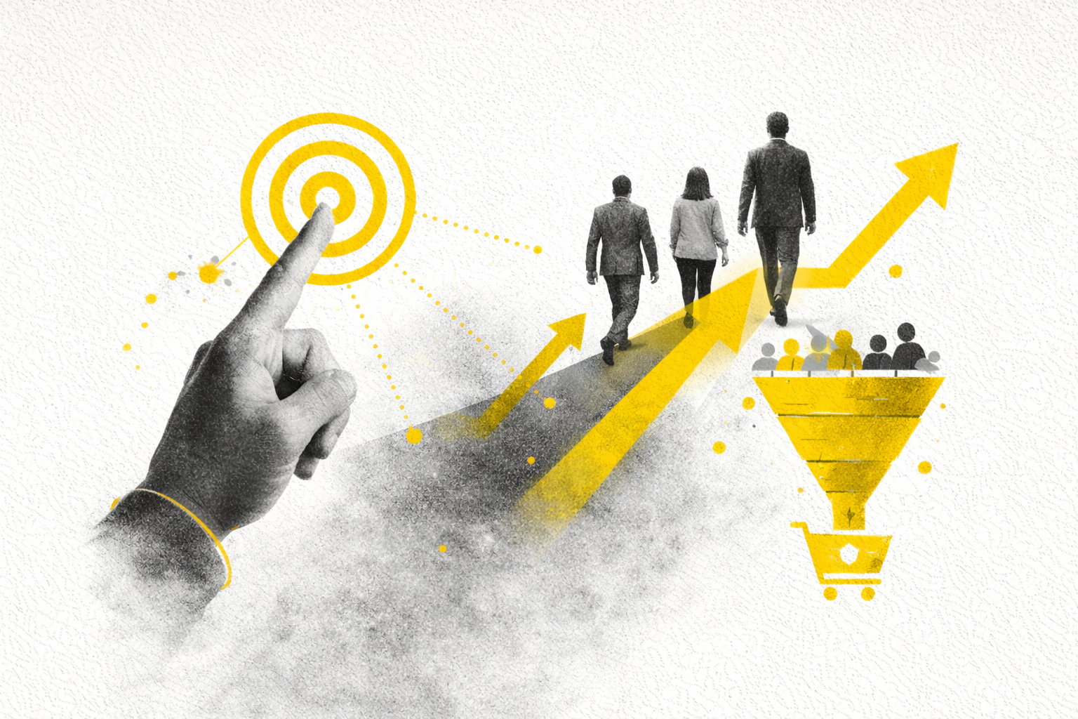 Ilustração de pessoas caminhando para atingir um objetivo, com elementos gráficos como setas ascendentes, alvo e funil representando metas, planejamento e crescimento gerencial.