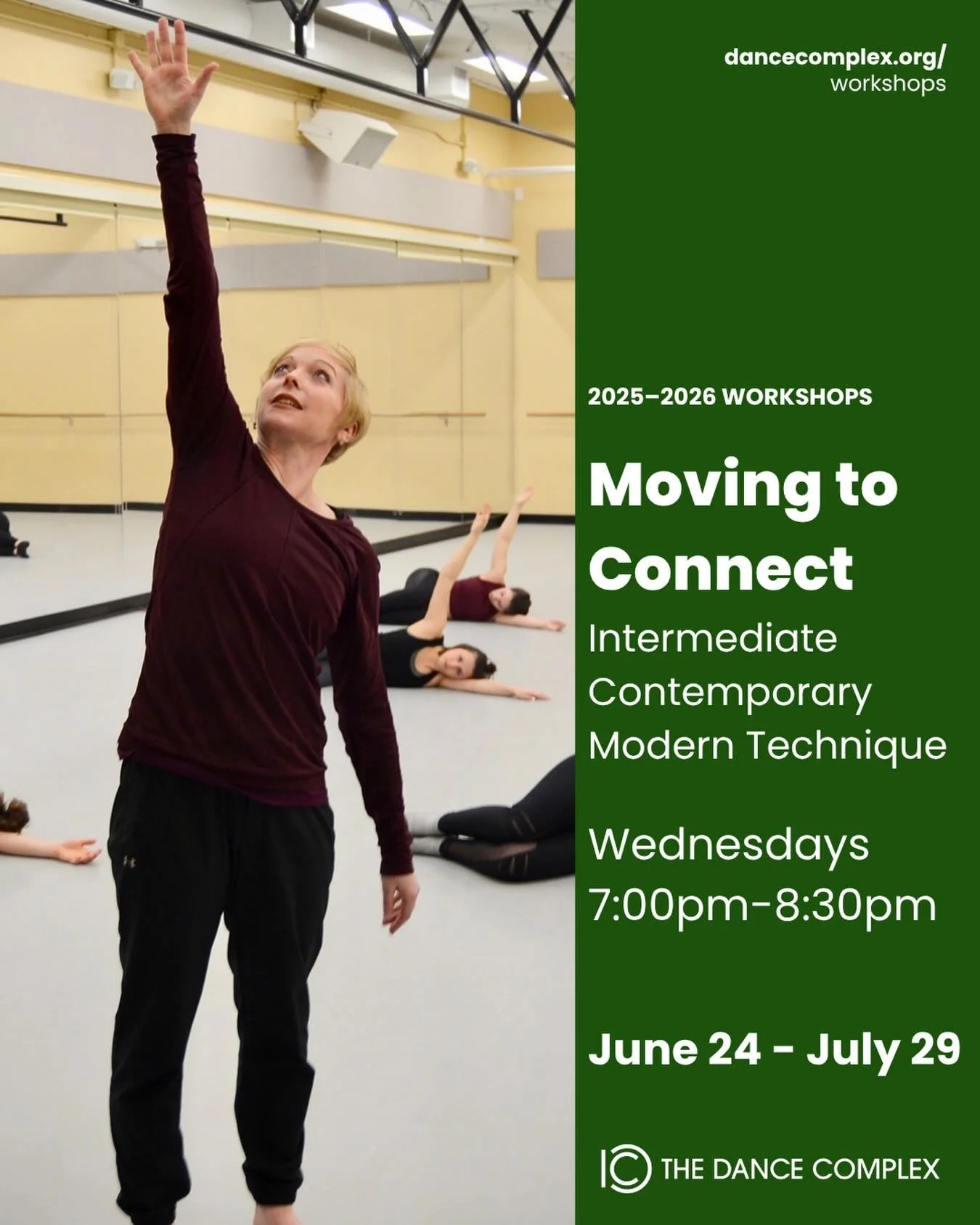 Next up - Wednesday night classes! Join us for our summer series - 6 Wednesday beginner/intermediate level Contemporary Modern evening classes, starting next week. 

Wed 6/24, 7-8:30pm w/ Kristen
Wed 7/1, 7-8:30pm w/ Kristen
Wed 7/8, 7-8:30pm w/ Kris