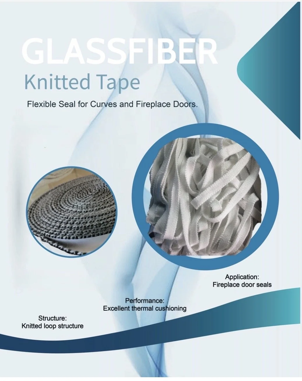 glassfibre, knitted tape, loop, thermal, fireplace seals, furnace lining, exhaust wraps, fire resistance, yarn