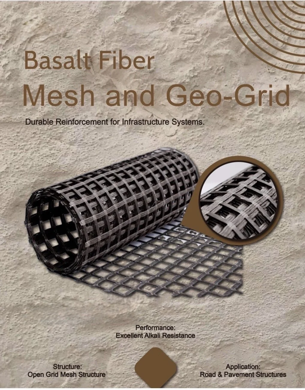 basalt fiber mesh, building-strengthening, wall crack control, road reinforcement, tunnels, underground, geotechnical, alkali resistance