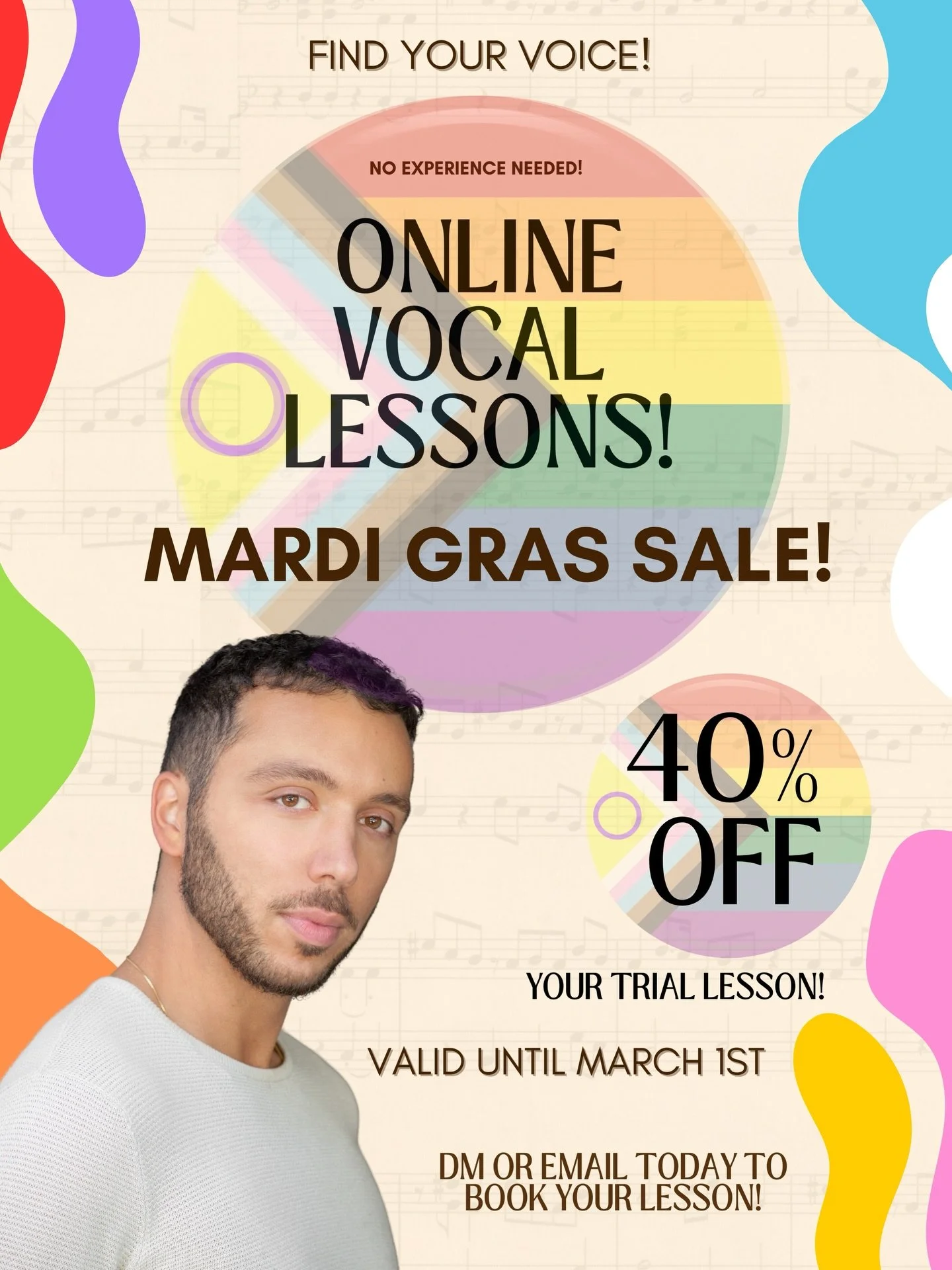 ✨MARDI GRAS SALE✨ 40% OFF YOUR TRIAL PRIVATE LESSON @oliviers_singing_studio 🎤🏳️&zwj;🌈🏳️&zwj;⚧️ 

We are an inclusive business; focusing on coaching those from the LGBTQIA+ community, People of Colour, Neurodivergent &amp; People with Different A