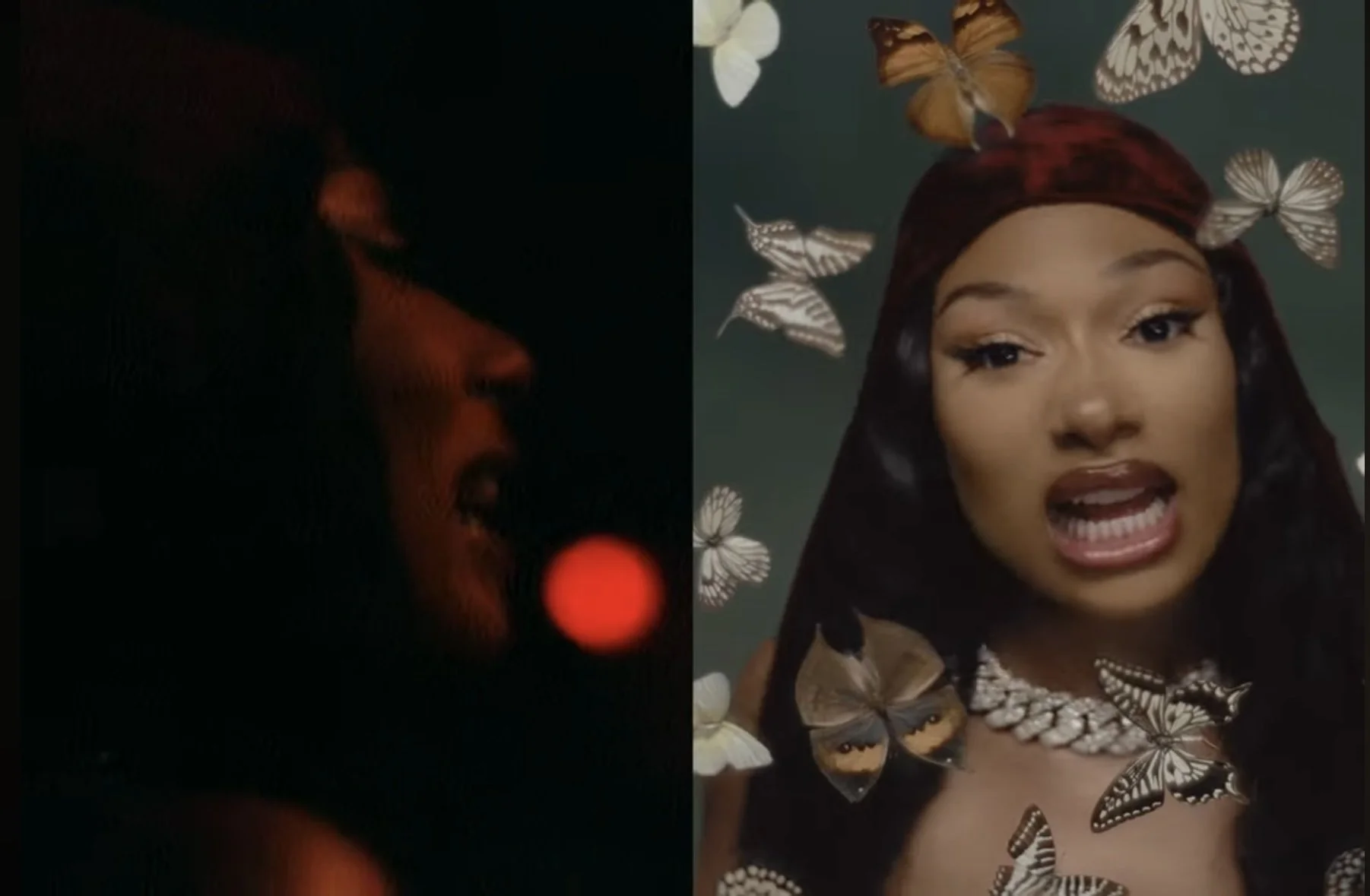 A split-screen image showing two women; the woman on the left is in a dark setting with her eyes closed, illuminated by a red light, while the woman on the right has long dark hair, is wearing a jewel necklace, and has butterflies around her head and