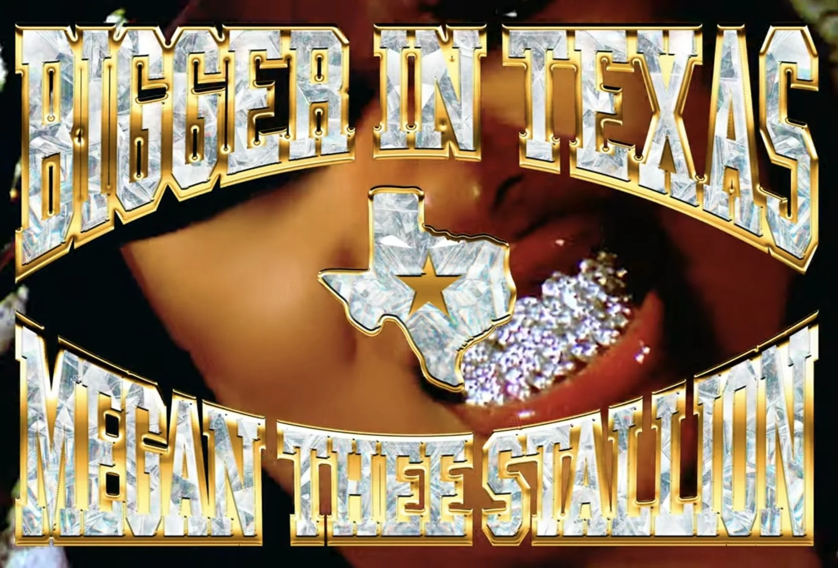 Close-up of a woman's face with her tongue out, showing silver glitter on her tongue, with overlay text reading 'Daughter in Texas Morgan These Staccato' and a Texas outline with a star.