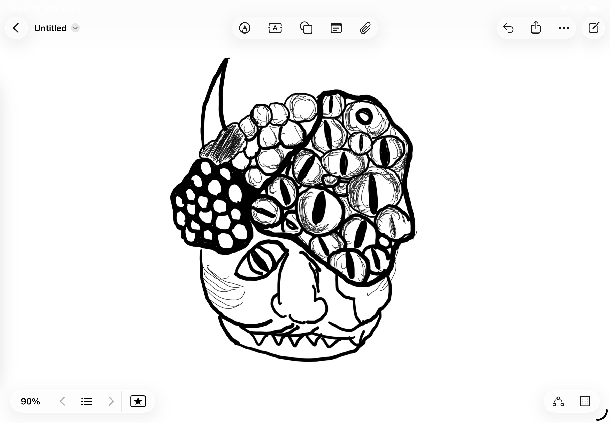 Black and white line drawing of a hand holding a bunch of grapes with a skull-shaped face, including eye sockets, nose cavity, and teeth.