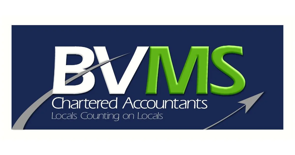 Logo for BVM Chartered Accountants with the tagline 'Locals Counting on Locals' against a dark blue background, featuring a stylized ascending arrow.