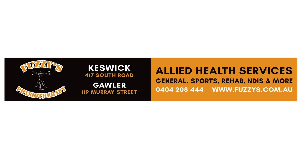 Business card for Fuzzy's Physiotherapy with contact details and services offered, including Allied Health Services, general, sports, rehab, NDIS, and more, located in Gawler and Keswick.
