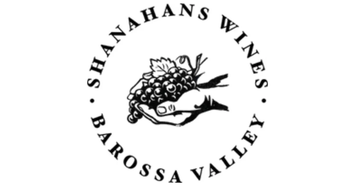 Black and white logo featuring a hand holding a cluster of grapes with the words "Hannahs Wines, Barossa Valley" arranged in a circle around the image.