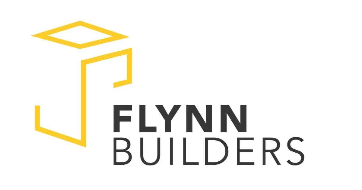 Logo of Flynn Builders featuring a stylized yellow outline of a house and the company name in black text.