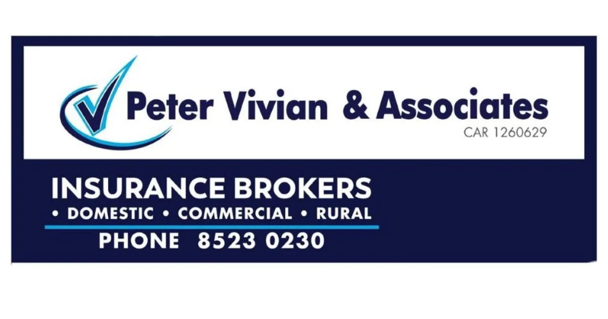 Business card for Peter Vivian & Associates, an insurance broker, includes contact phone number, and mentions services for domestic, commercial, and rural insurance.