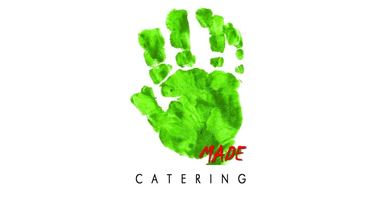 Green leaf print of a child's hand with the words "MADE" in red and "CATERING" in black below.