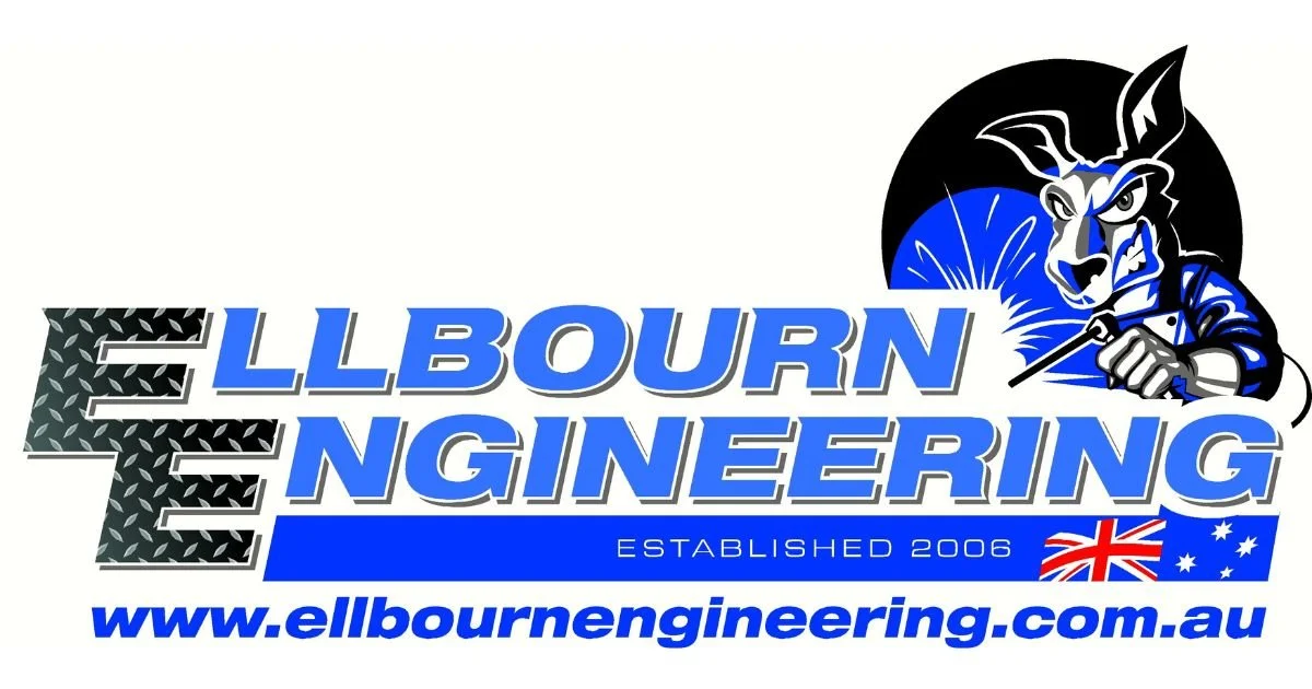 Ellbourn Engineering logo featuring a stylized truck with a diamond plate pattern, the company name in bold blue letters, a cartoon kangaroo welding with sparks, and a blue banner with the establishment year 2006, Australian flag and Australian website URL.