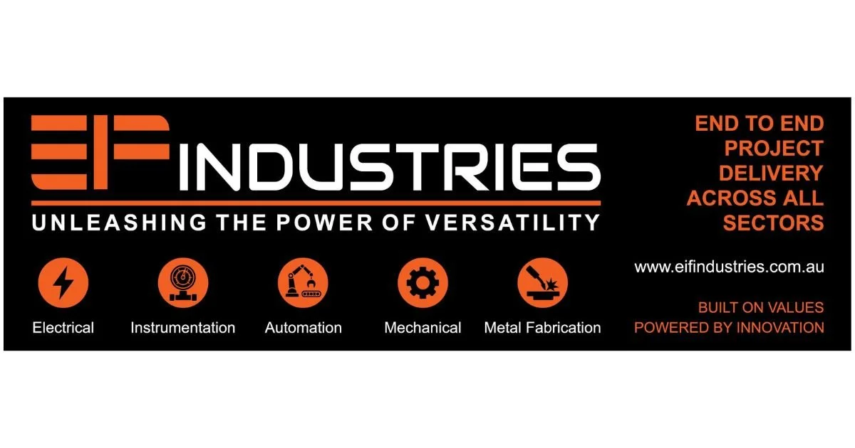 Black banner with orange and white text and icons promoting EIF Industries, highlighting their services including electrical, instrumentation, automation, mechanical, and metal fabrication, with the tagline "Unleashing the Power of Versatility" and information about their project delivery and values.