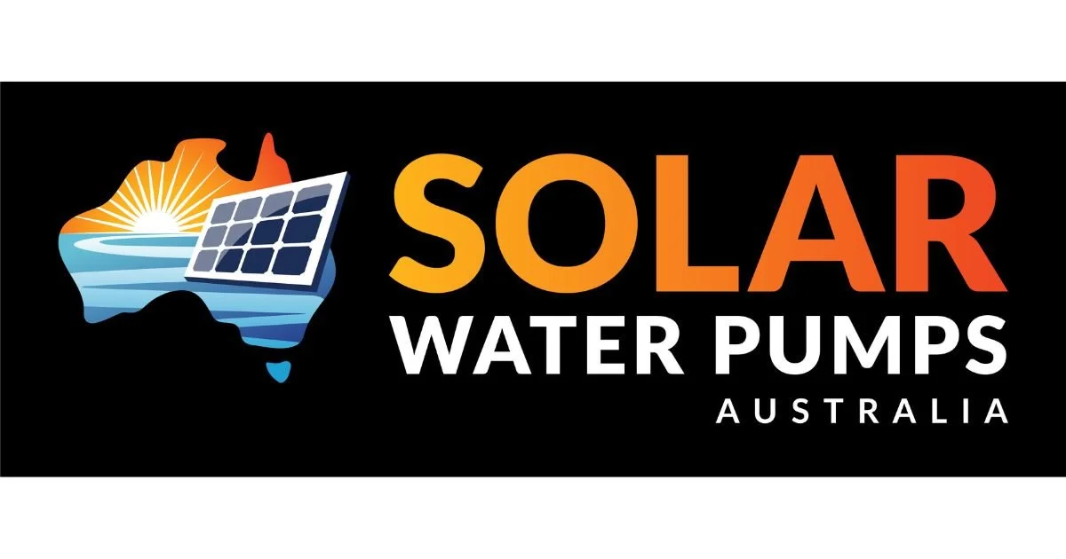 Logo for Solar Water Pumps Australia, featuring an orange sunset over blue water, a solar panel, and an outline of Australia.