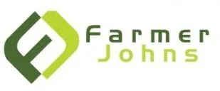 Farmer Johns logo with stylized green and dark green geometric design and text.