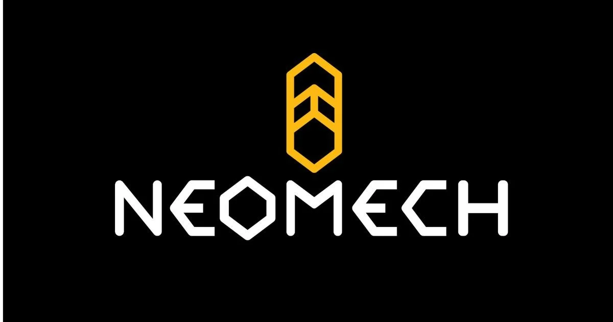 Logo with a yellow geometric plant icon above the word 'NEOMECH' in white uppercase letters on a black background.
