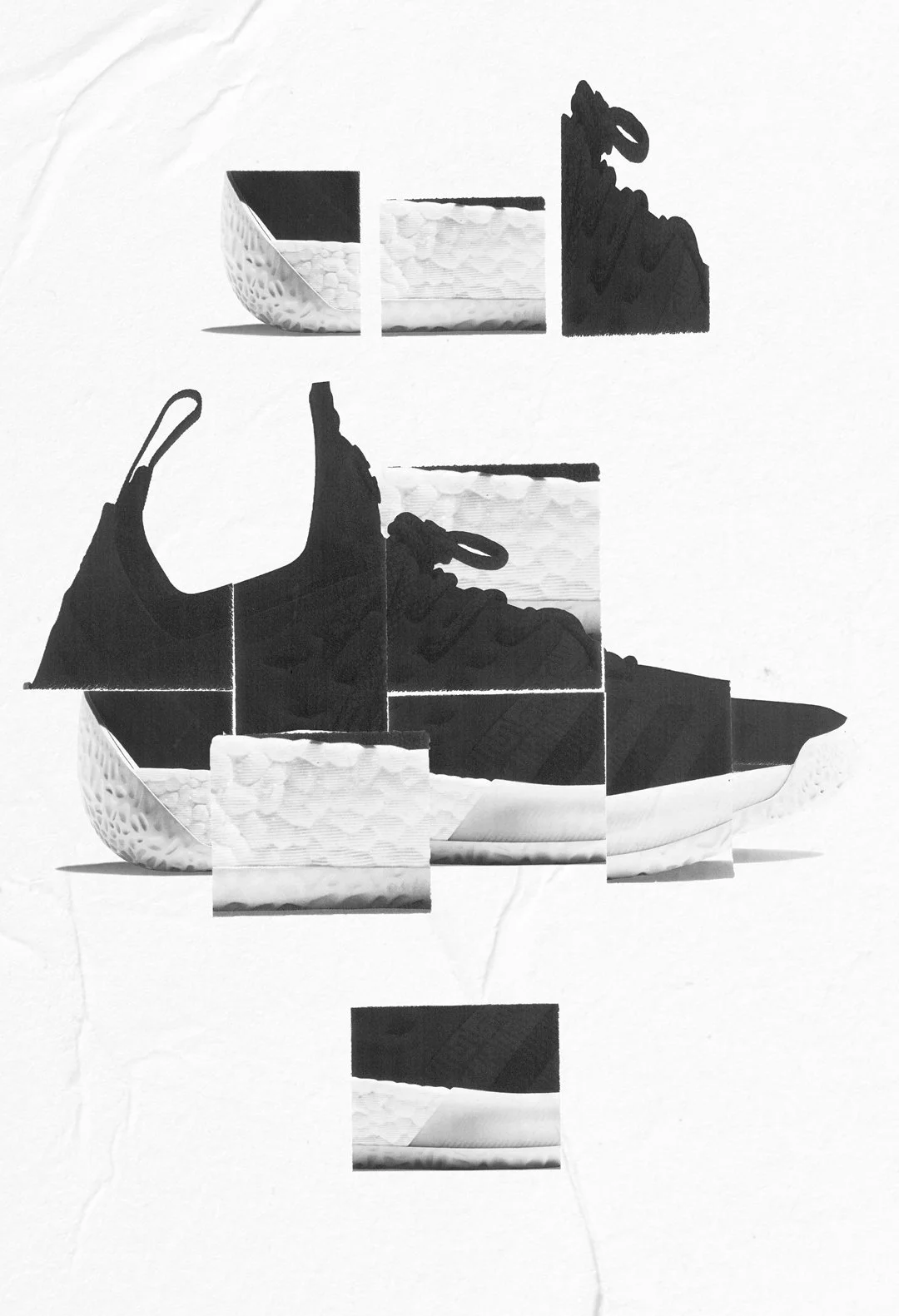 A collage of black and white cutouts arranged to form the shape of a sneaker.