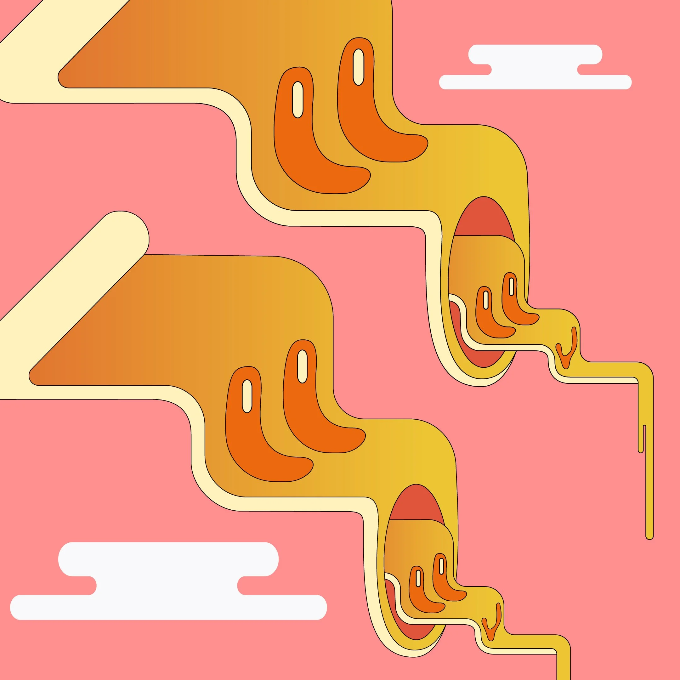 An abstract digital illustration with flowing, curved shapes and lines in shades of pink, orange, yellow, cream, and white, resembling a stylized, colorful landscape or topographical map.