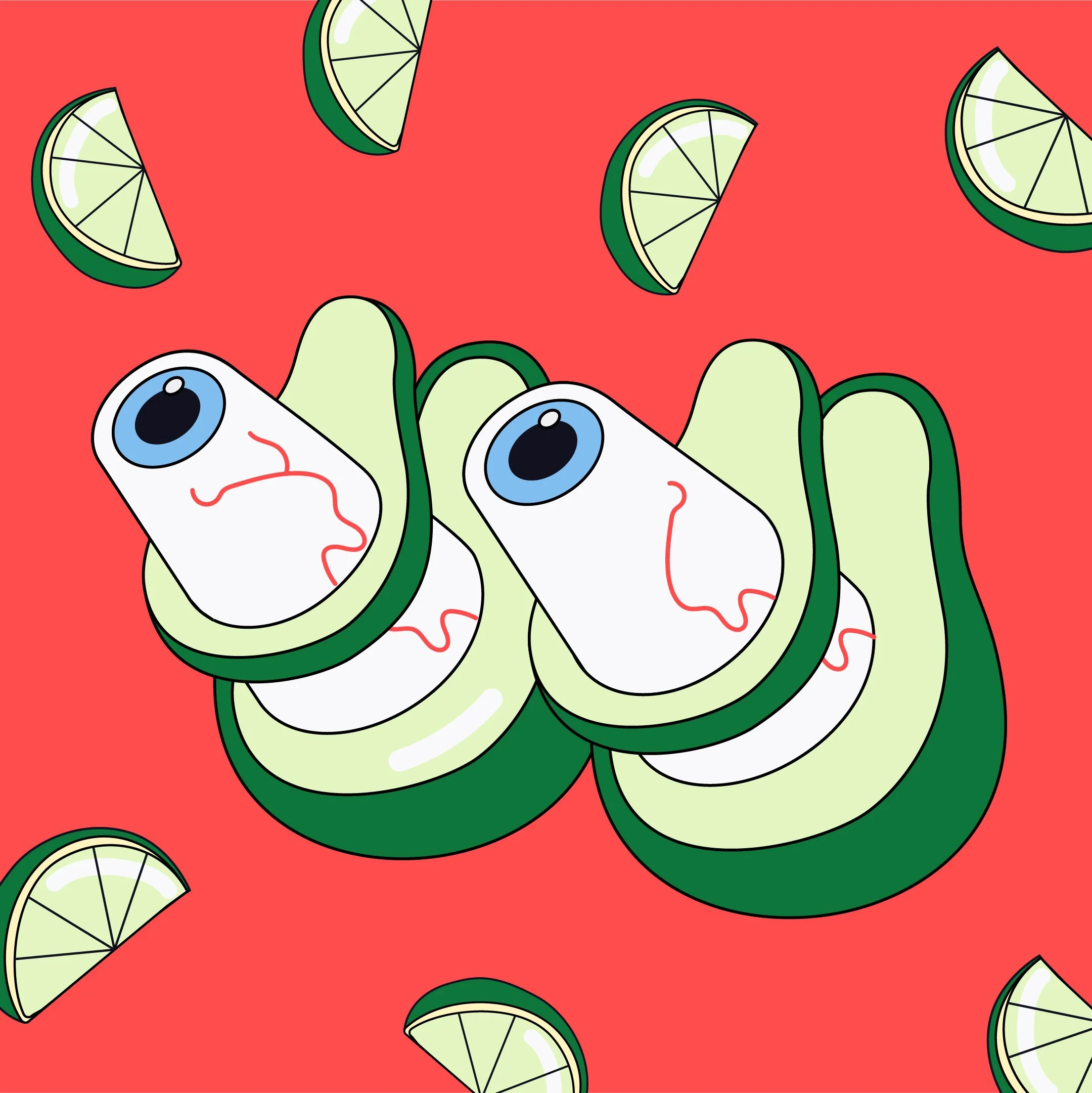 Colorful digital illustration of cartoon style lizards with large eyes, smiling faces, and lime slices against a red background.
