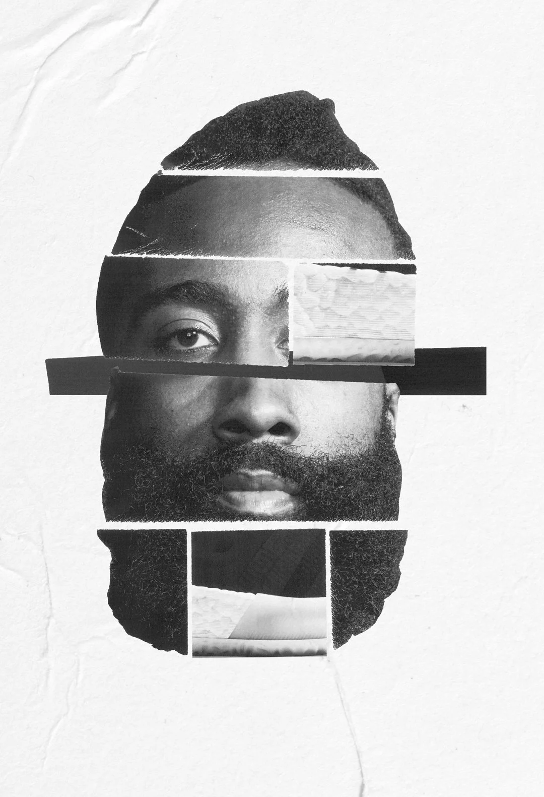 A collage of a man's face created with cut-out black-and-white magazine images on a white background, showing parts of his beard, eye, and forehead.