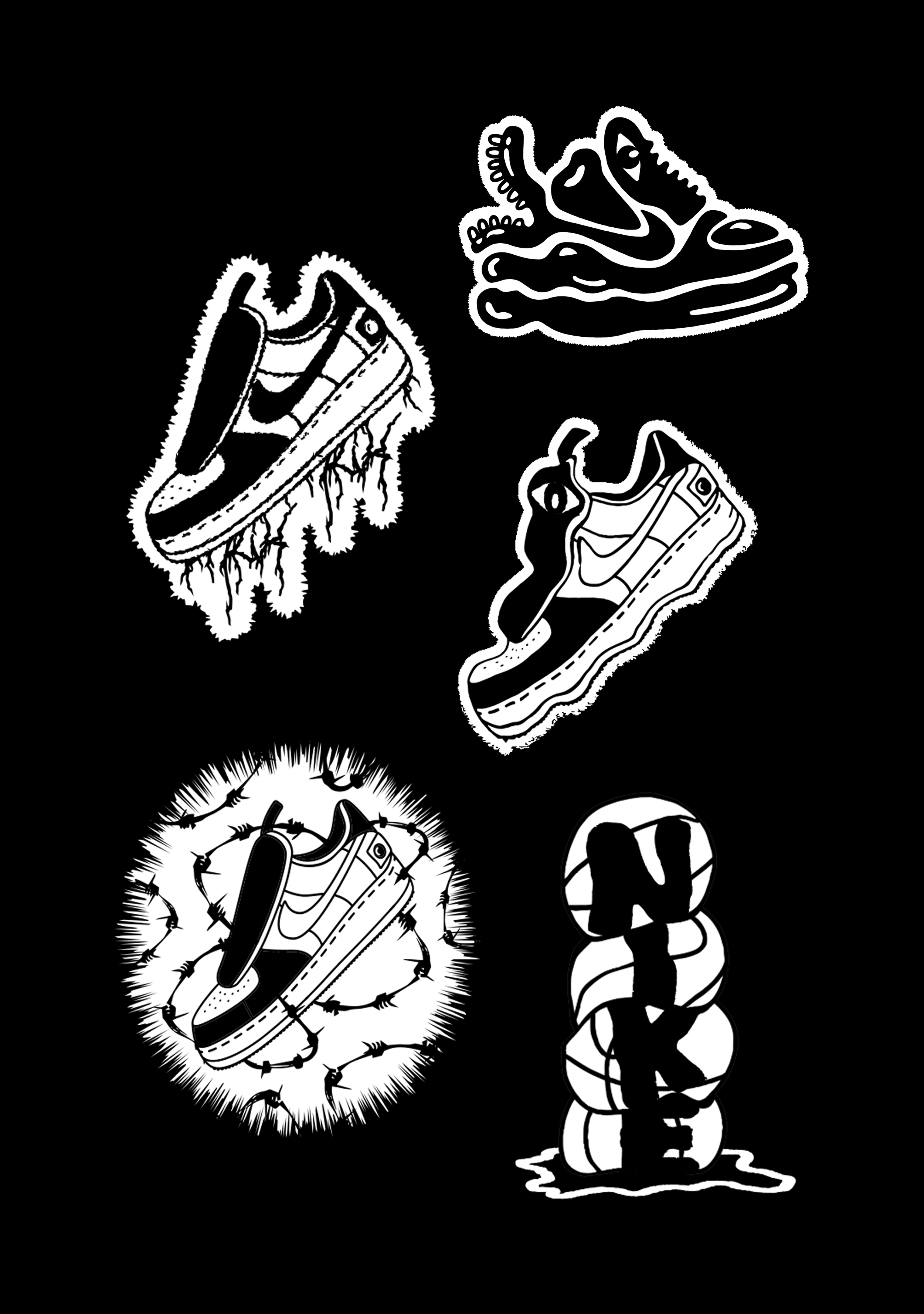 Black and white drawing featuring various skateboarding and graffiti-themed designs, including shoes, a hand, a skateboard, and a cartoonish figure with barbed wire, surrounded by dynamic lines and shapes.
