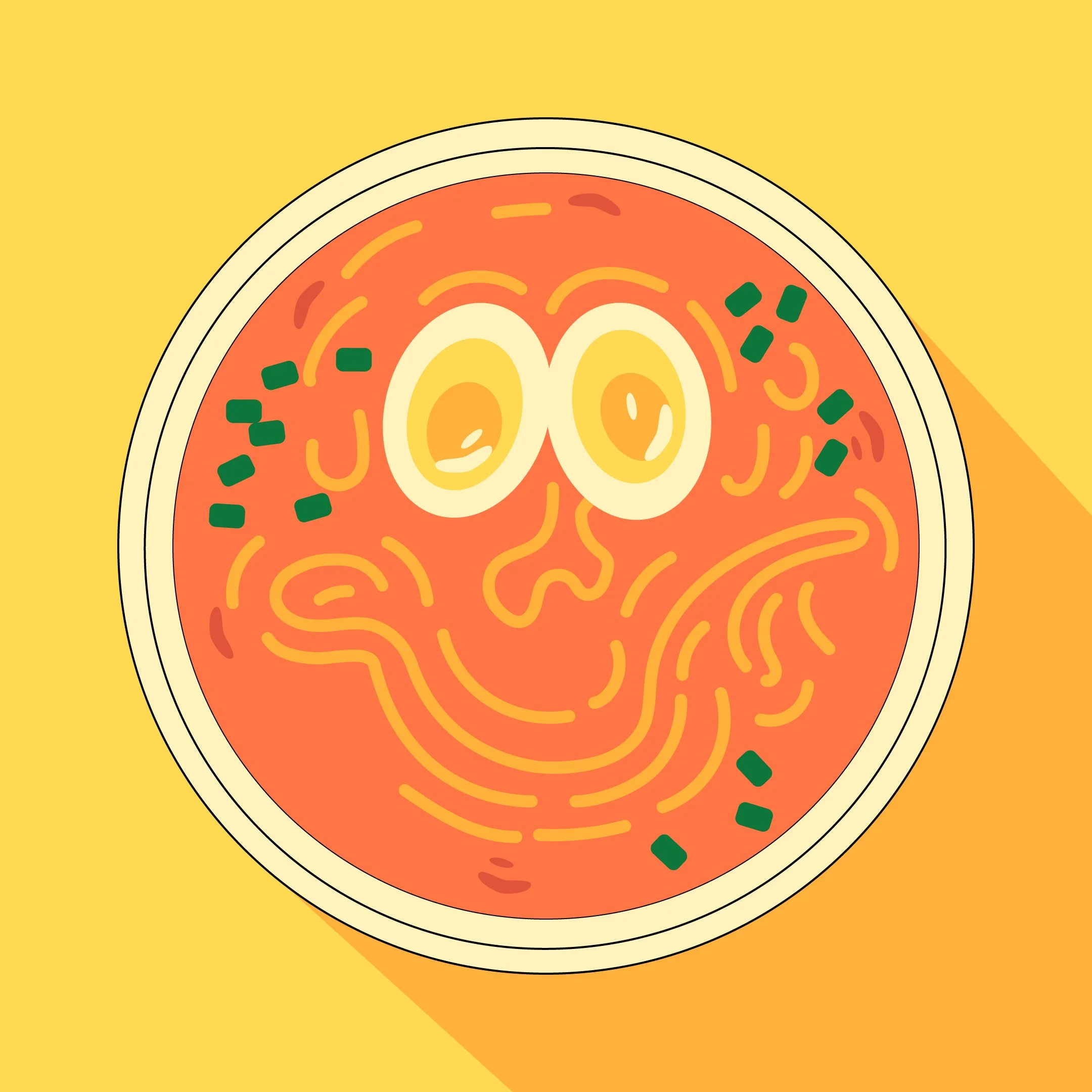 Illustration of a breakfast pizza with pepperoni, green peppers, and cheese on a yellow background.