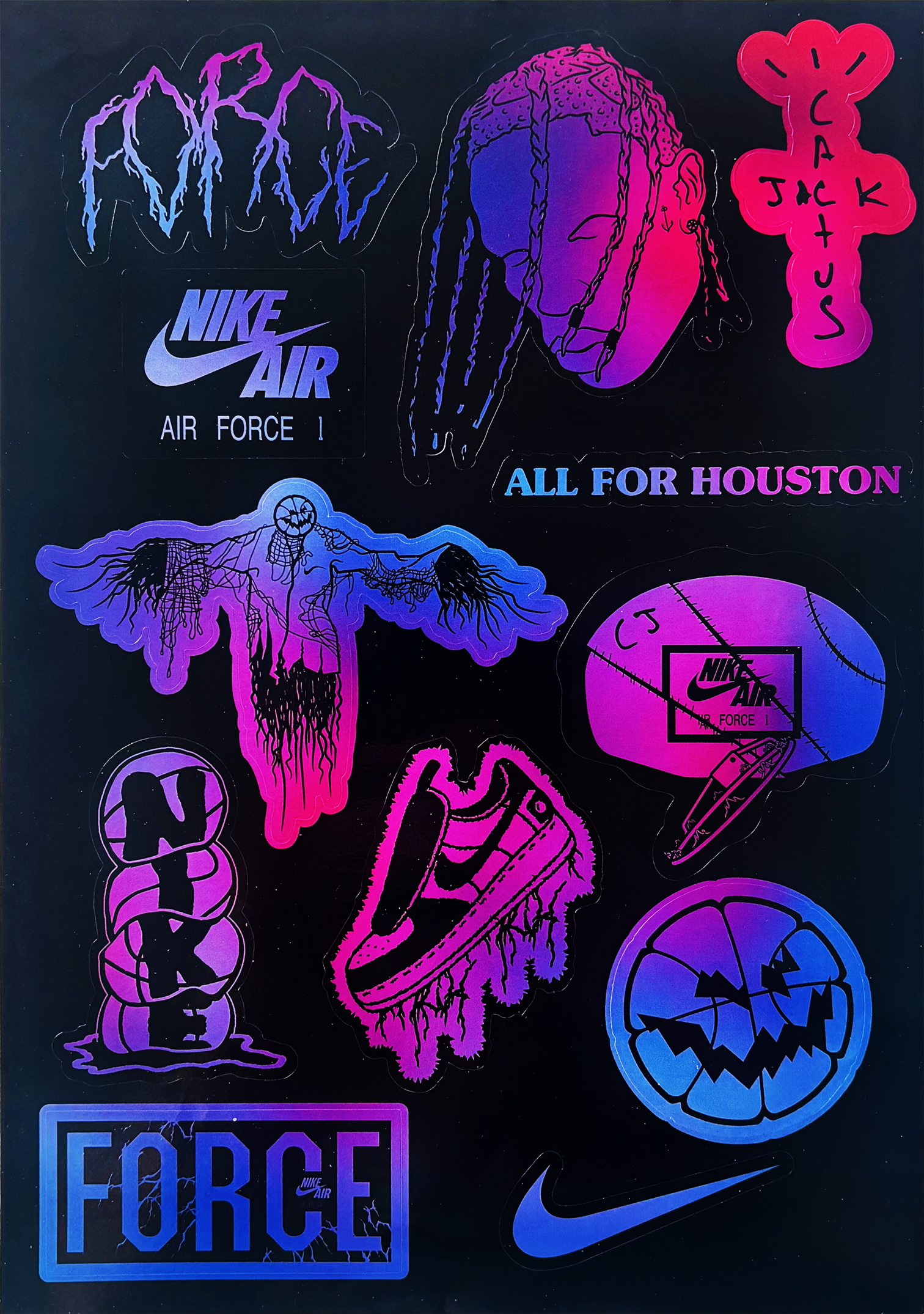 Collection of neon-style stickers featuring Nike Air Air Force 1 logo, a woman with long braids, a cross with the words 'Black Jack',