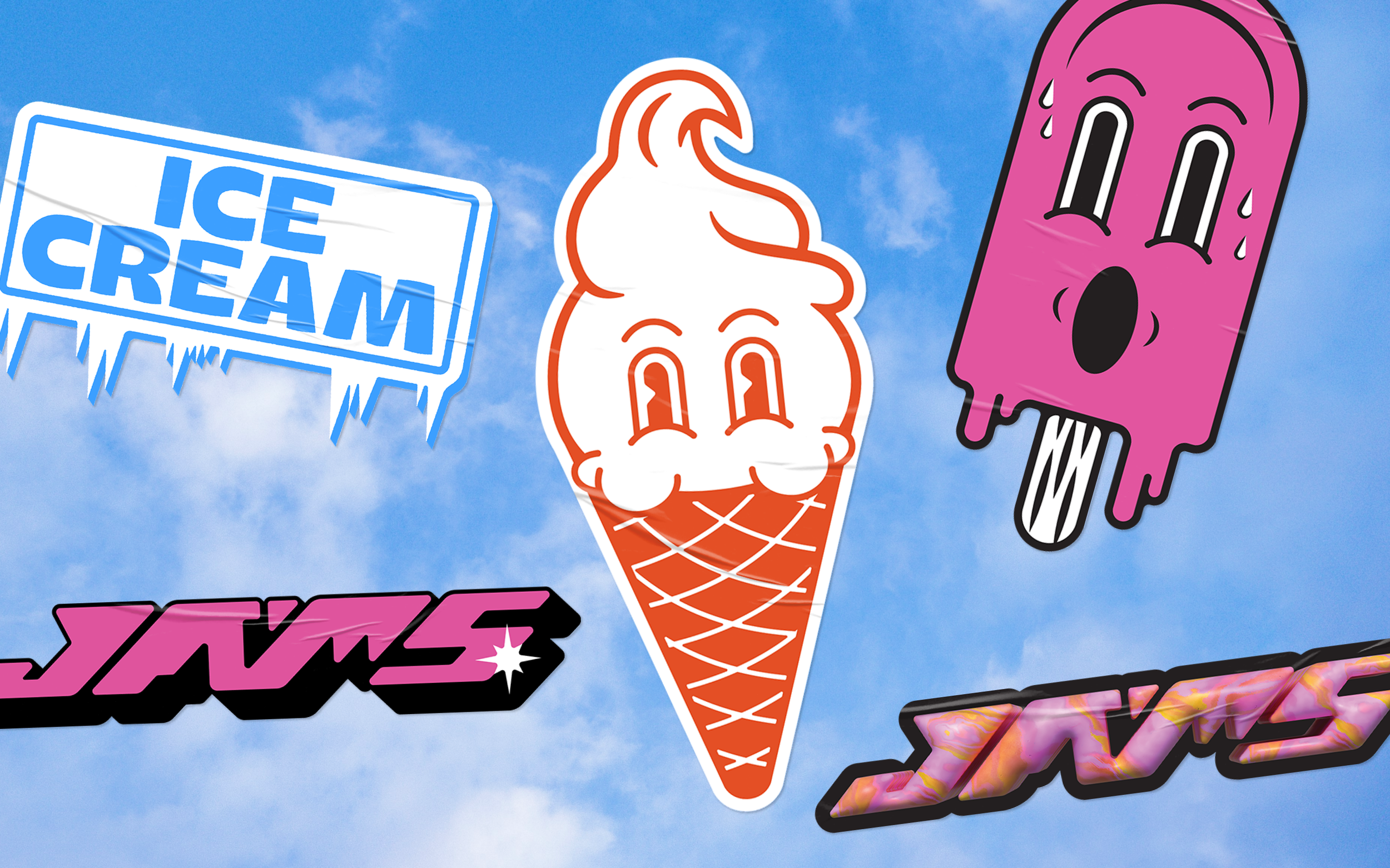 Various colorful stickers including a sign that says 'Ice Cream', a cartoon ice cream cone character, and a pink popsicle with a face, all set against a blue sky background.