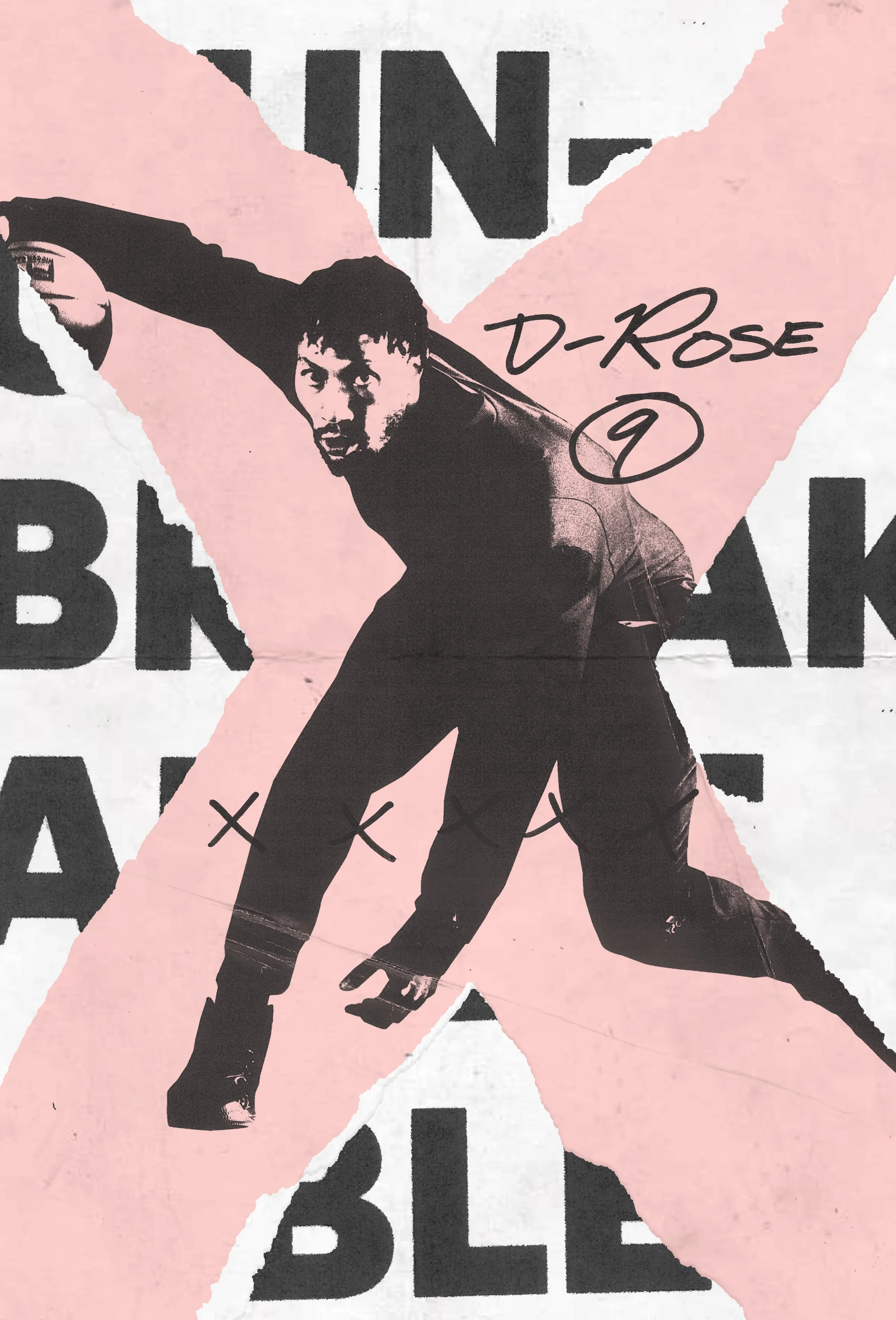 Stylized poster of a performer in black and pink, with torn paper effects, featuring bold text 'IN', 'D-ROSE', and 'BLAZE'.