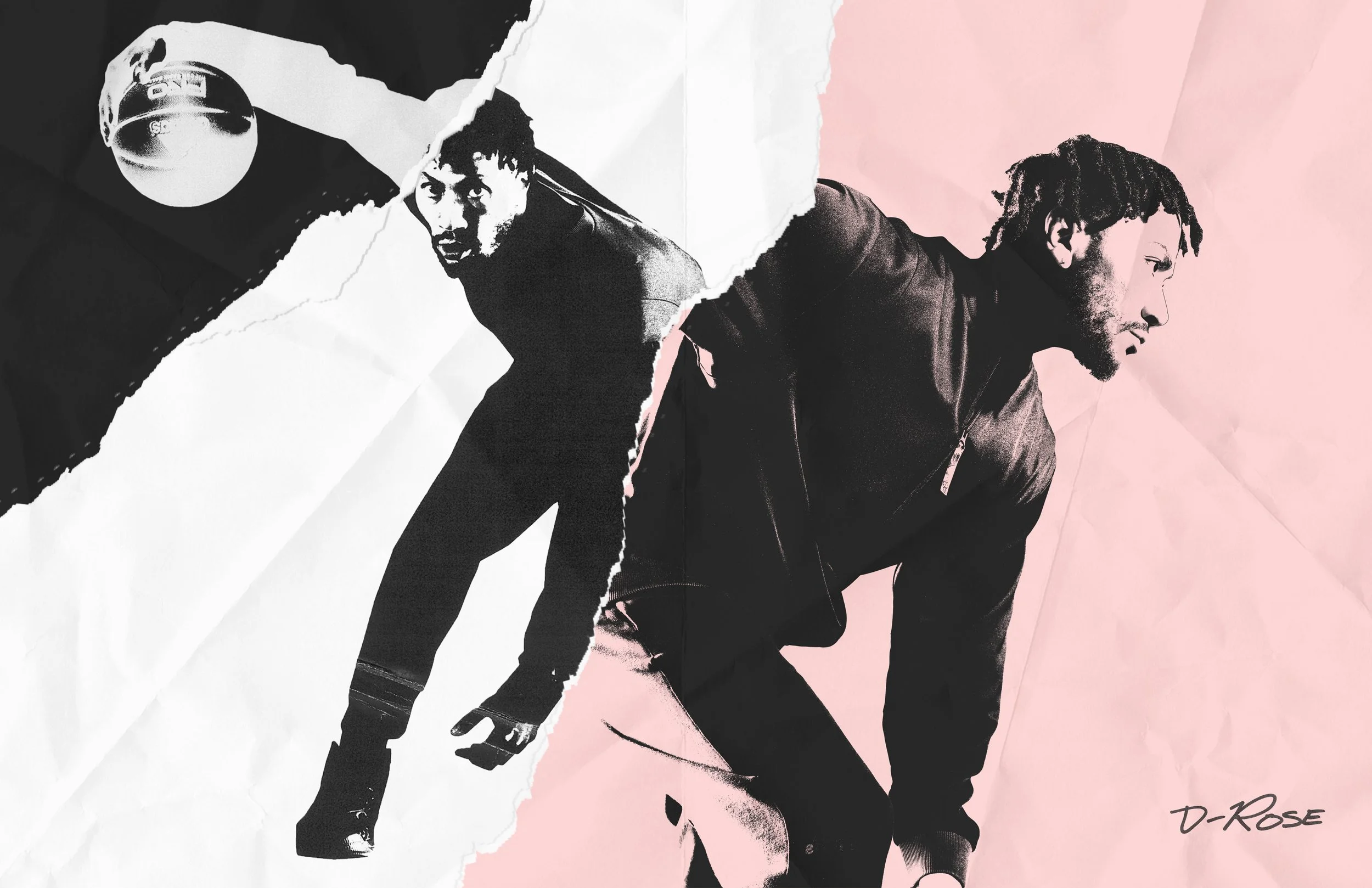 Digital artwork featuring two men, one in black and white with torn paper edges, and the other in subtle color against a pink background. The man in black and white has a serious expression, while the man in color is looking downward. The artwork includes the signature 'D-Rose' in the bottom right corner.