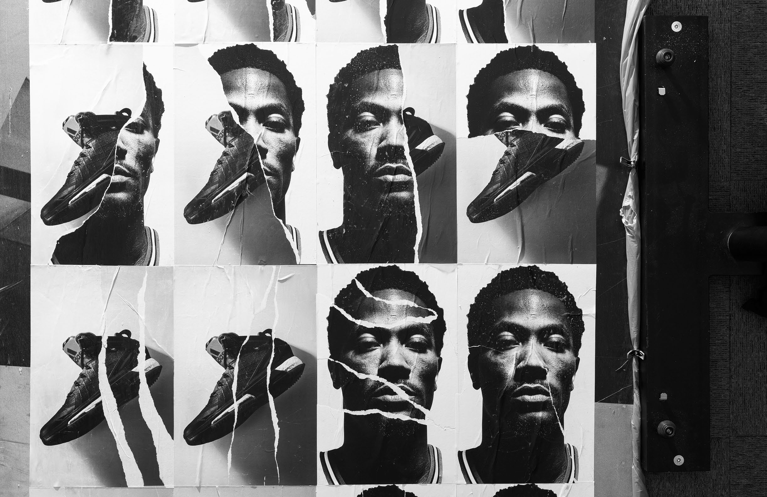 A collage of torn posters featuring a black and white photograph of a woman with natural hair, wearing a striped shirt, and holding a pair of sneakers. The posters are arranged in a grid pattern on a wall.