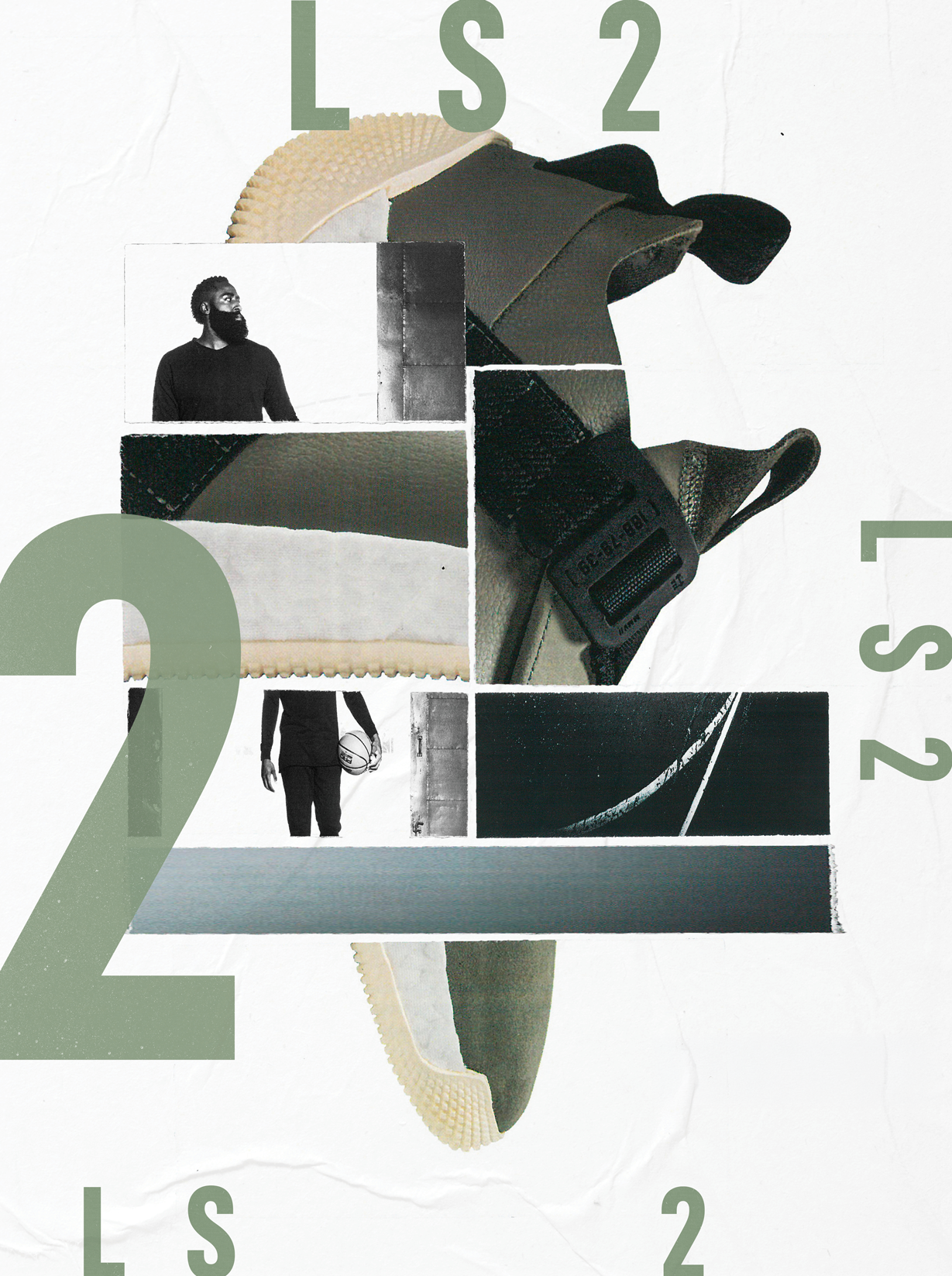 Collage of black and white and colored images of sneakers, a man holding a basketball, a woman with a beard looking away, and close-up of a shoe strap, overlaid with large, semi-transparent numbers '2' and text 'L S 2' in green.