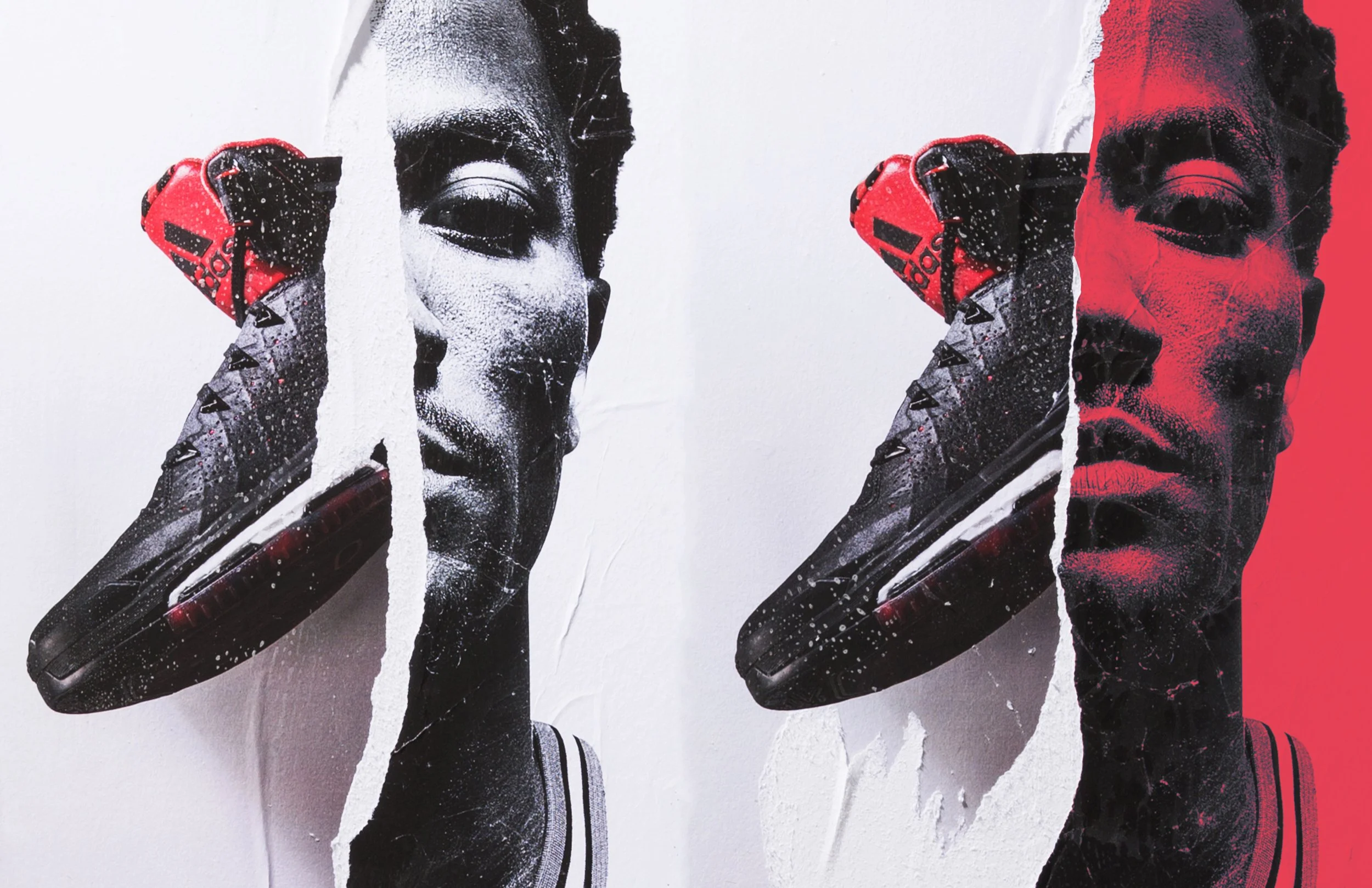 Colorful mural of two athletes with one holding a red and black soccer shoe, split into torn sections on a wall.