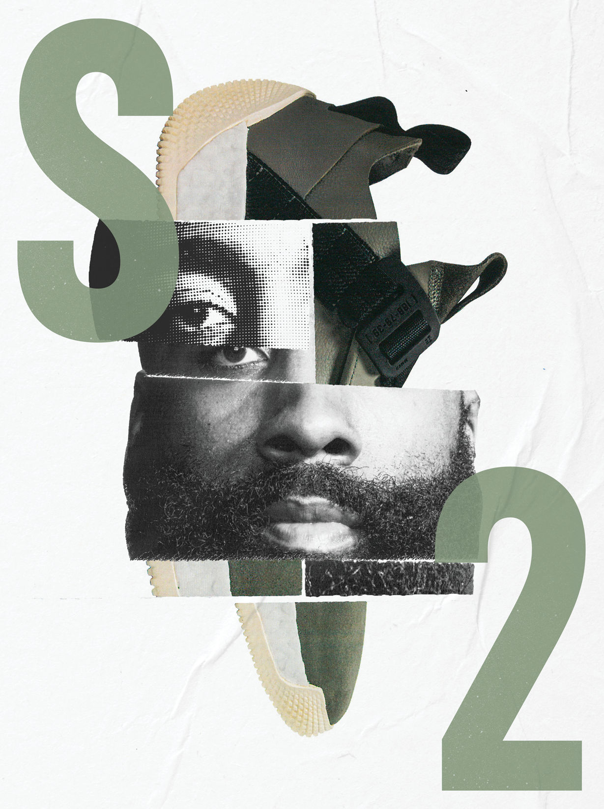 Mixed media collage of a man's face, with black and white photographic elements and textured patches, overlaid with large green numbers '1' and '2'.
