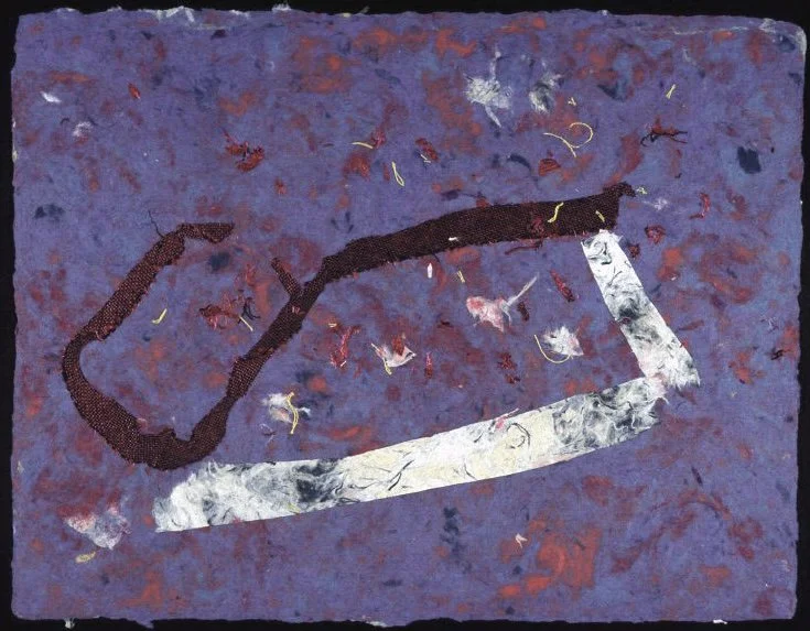 Asciano, night -- handmade rag paper with textile collage -- 10 x 13" -- 2001