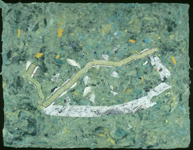 Asciano, morning -- handmade rag paper with textile collage -- 10 x 13" -- 2001 [private collection, Texas]