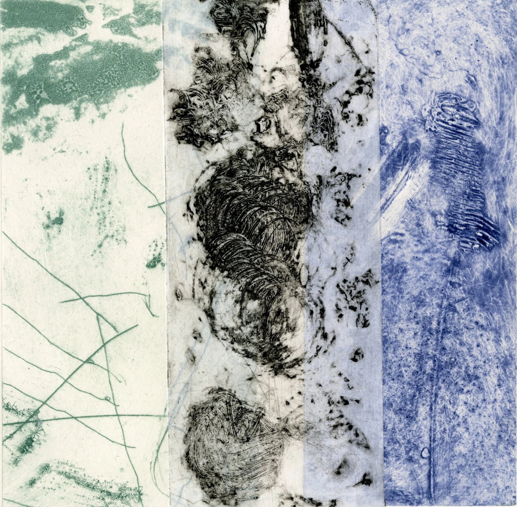 Almanac, no. 4 -- collagraph monoprint, collage -- image: 6” x 6”, paper: 12” x 12” 2023