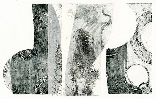 Litterae feminarum VII -- collagraph, monoprint, collage 10" x 15"  2024