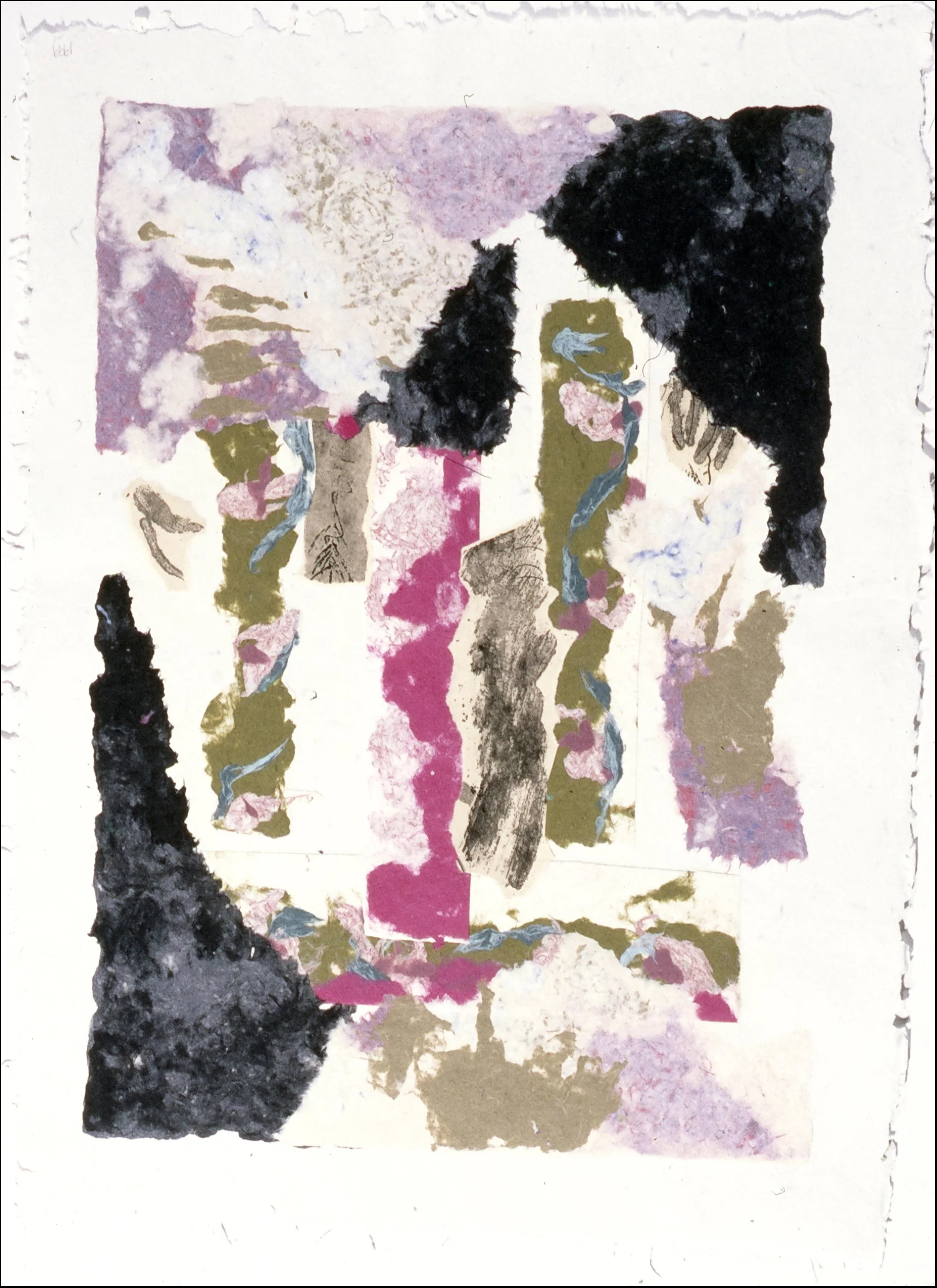 III. Garden -- handmade rag paper with textile collage -- 23 x 17 " -- 1999 [private collection, Massachusetts}