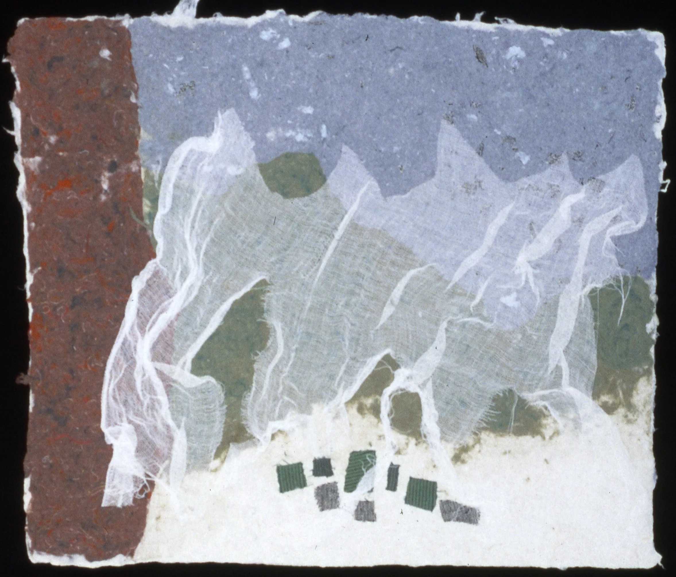 Sheltered Mountain -- handmade rag paper with textile collage