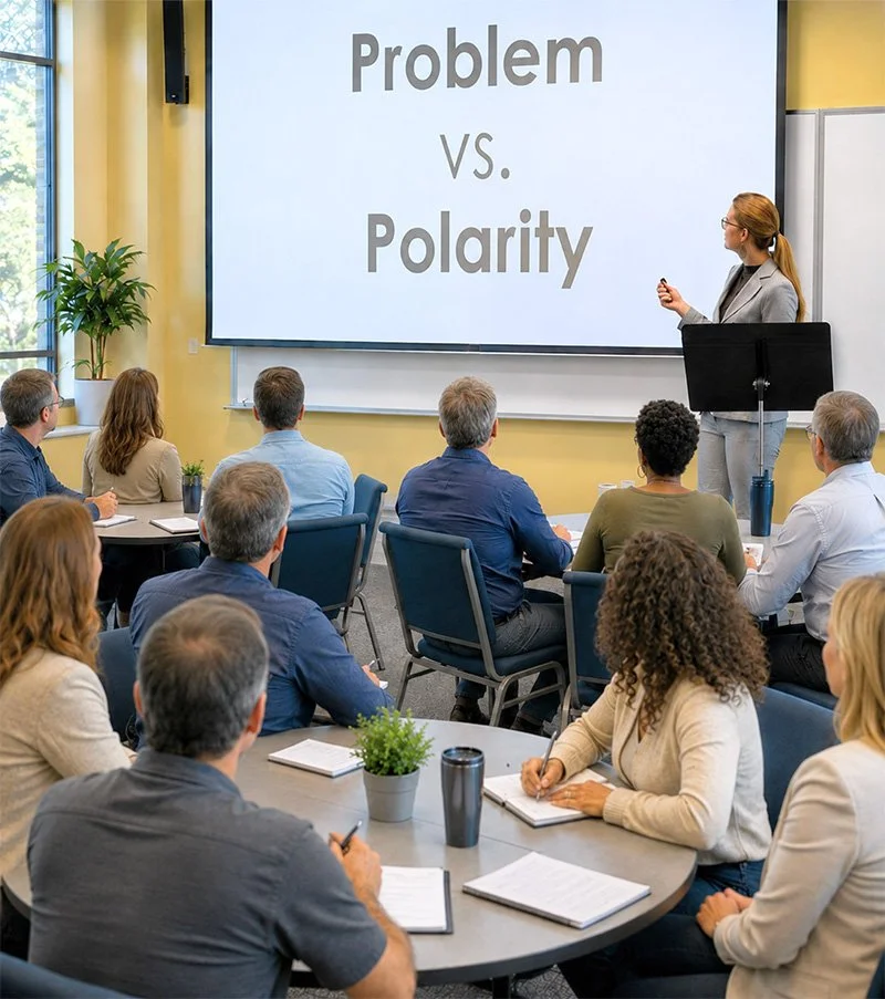Sarah Bliss Daly, business trainer giving a presentation to a group of people in a conference room in Redding, CA