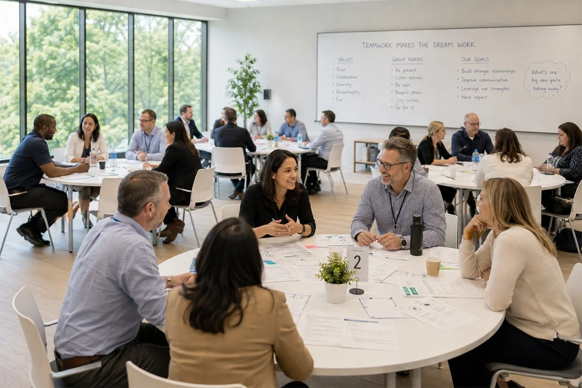 A diverse group of people in a modern conference room participating in a teamwork workshop led by Sarah Bliss Daly, business coach and trainer in Redding, CA