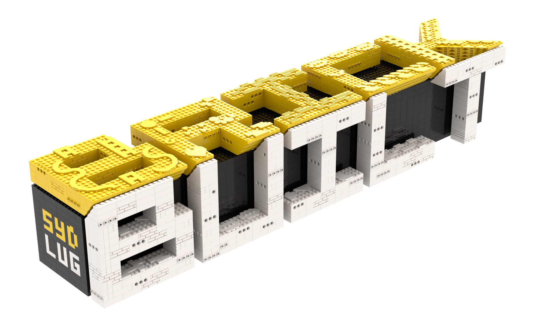 LEGO sculpture spelling 'Brickbuilt Sydney' in yellow and white bricks