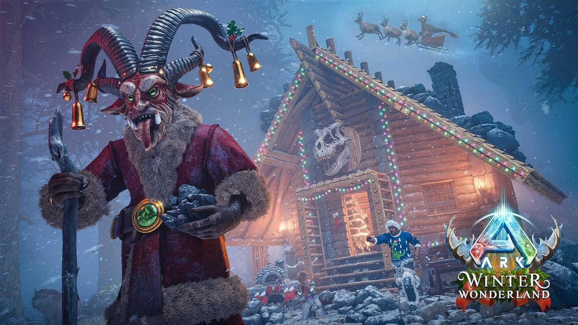 A giant beast with a goat's head costume, wearing a red coat with fur trim, holding a staff with bells, standing in front of a decorated wooden house with colorful lights during winter. Santa sleigh with reindeer flies in the snowy sky, and children are playing outside. The scene has a spooky Halloween theme blended with Christmas elements. The logo 'ARK Winter Wonderland' is in the bottom right corner.