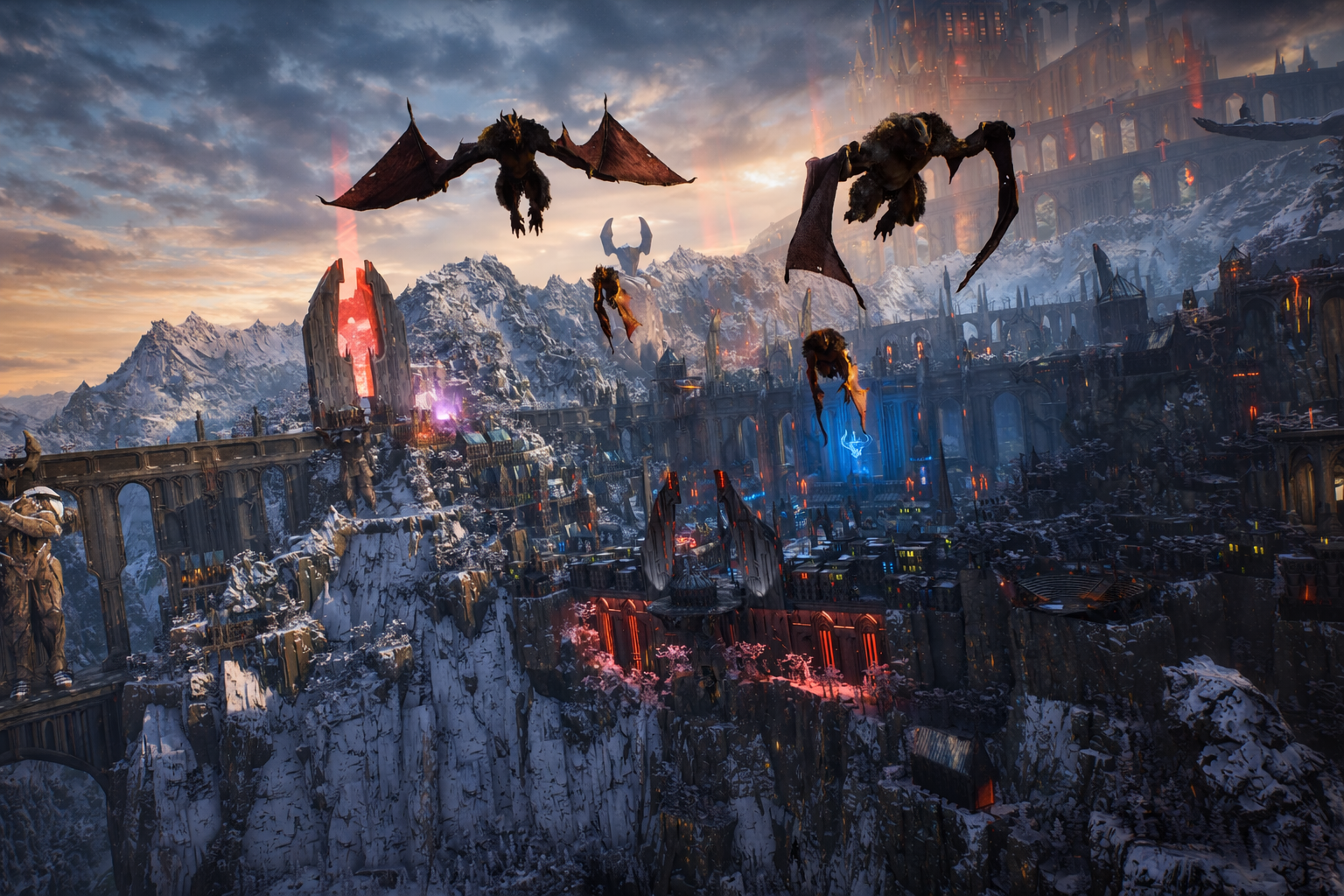 Fantasy landscape with snowy mountains and ancient city ruins, featuring flying dragons and a giant castle in the background at sunset.
