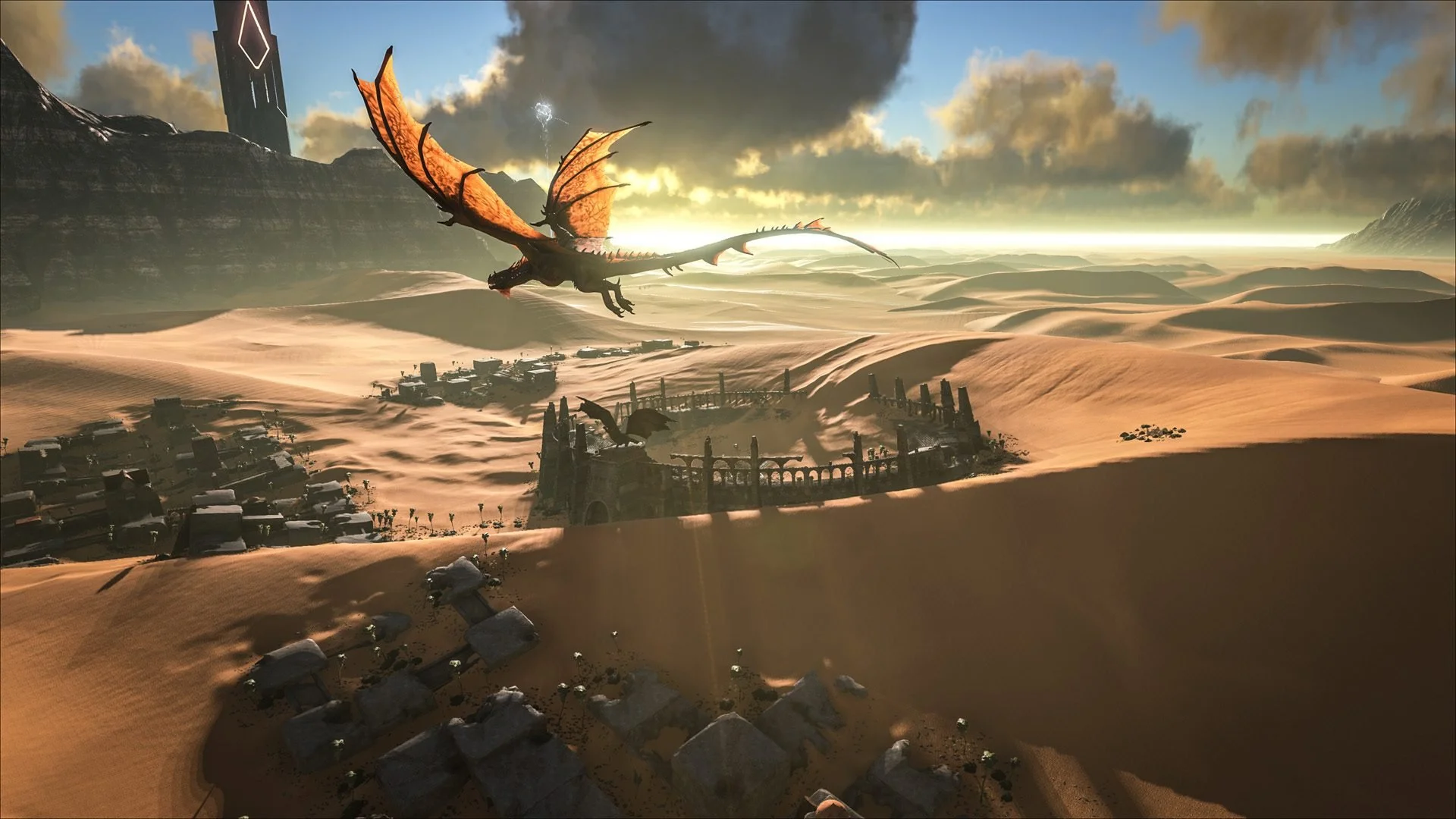 A flying dragon with orange wings flying over a desert landscape with ruins and sand dunes during sunset.
