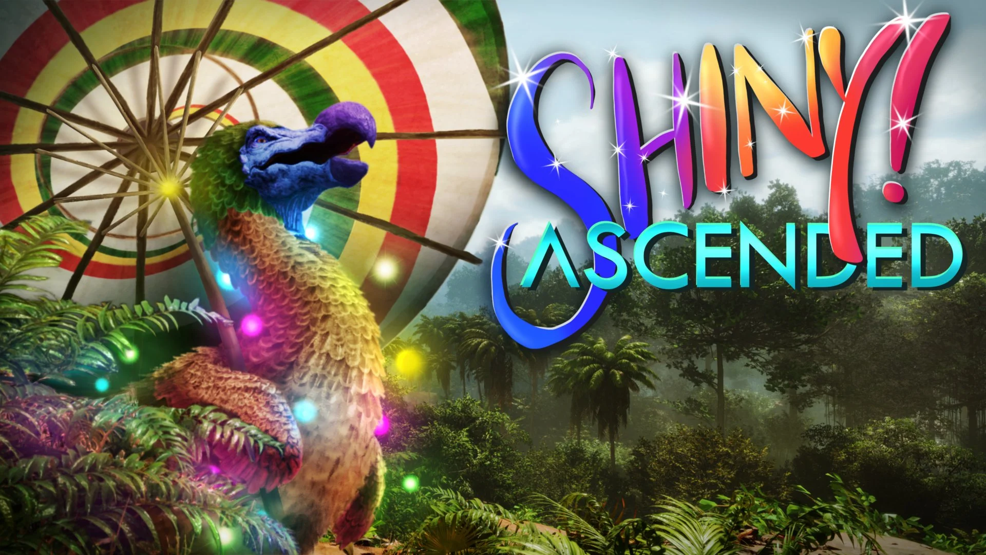 Colorful digital graphic featuring a rainbow parrot with a rainbow-colored neck, vibrant jungle background with lush plants and trees, and a large colorful dart board. Text reads 'SHINY! ASCENDED' in bright, colorful letters with star-like sparkles.
